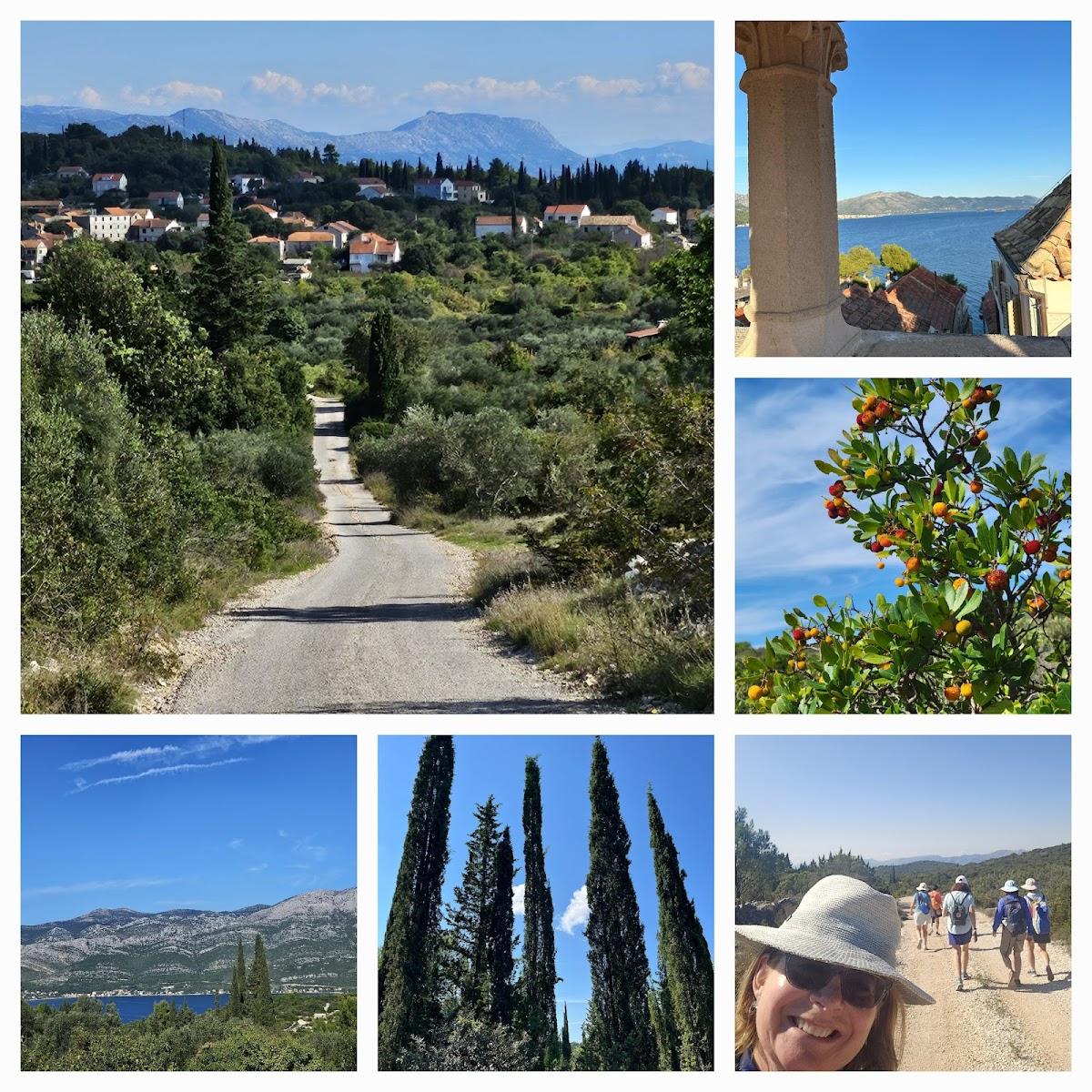 Collage of Mediterranean scenery: winding road, coastal view, cypress trees, and hikers.