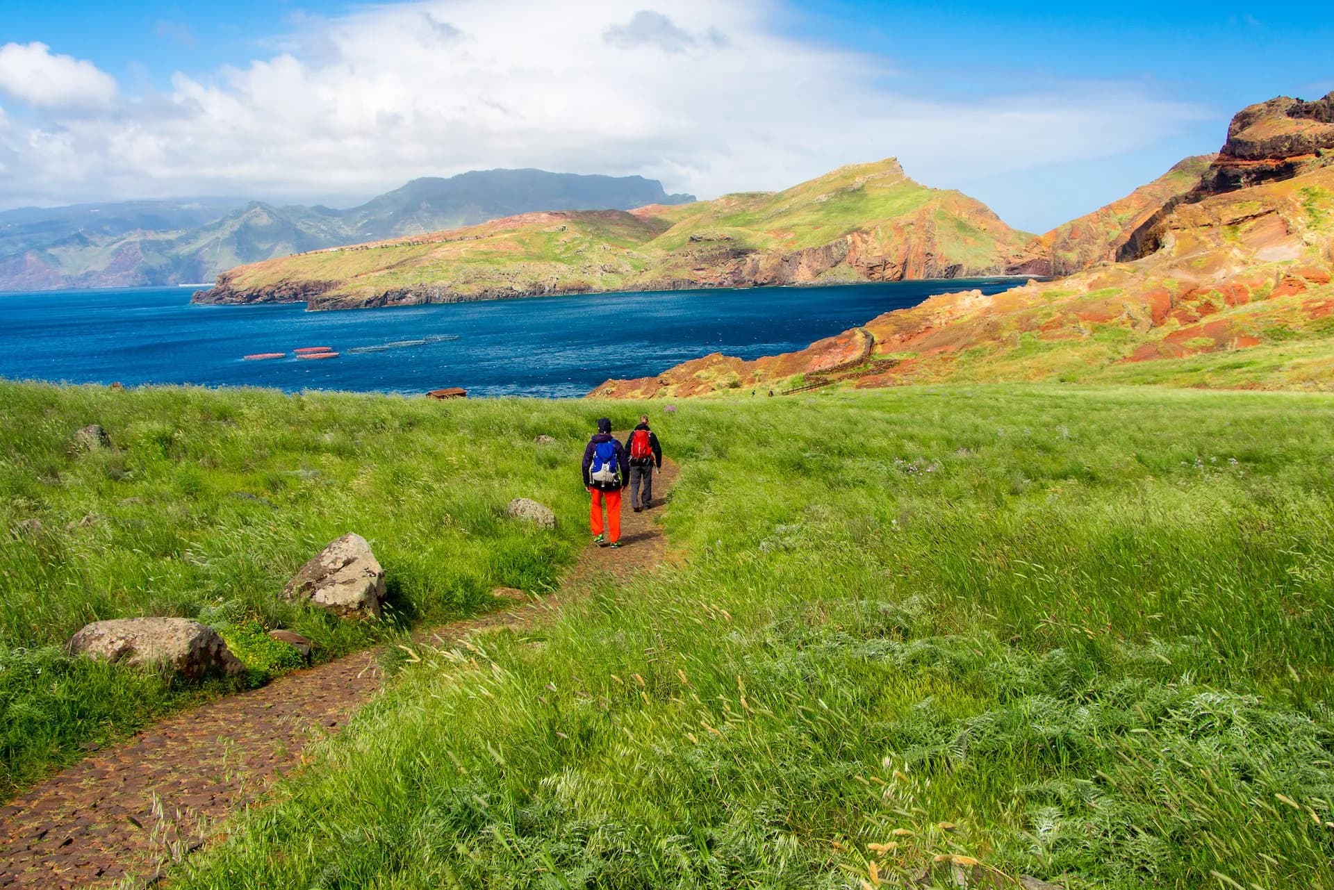 Hikers on path through green field overlooking Ponta de São Lourenço Peninsula and blue sea.