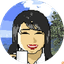 Pixel art avatar holding a white cup against an ocean and sky background