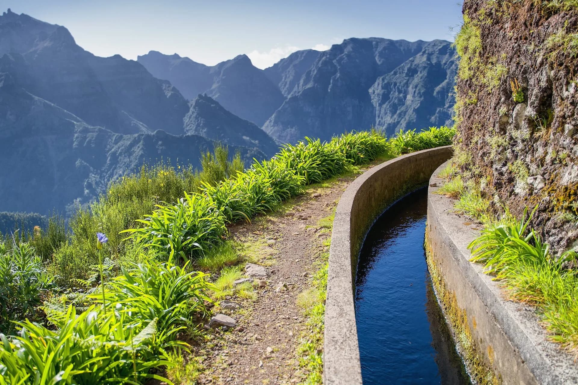 Levada do Norte hiking path alongside a water channel with lush greenery and steep mountains.